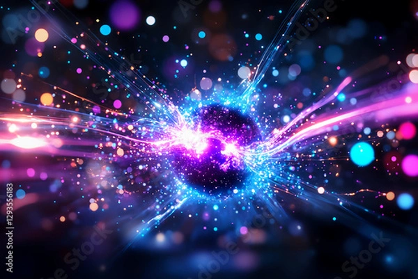 Obraz Close-up of a neutron emitting energy waves in a deep purple and blue color scheme, surrounded by high-speed electrons and protons in an abstract atomic field