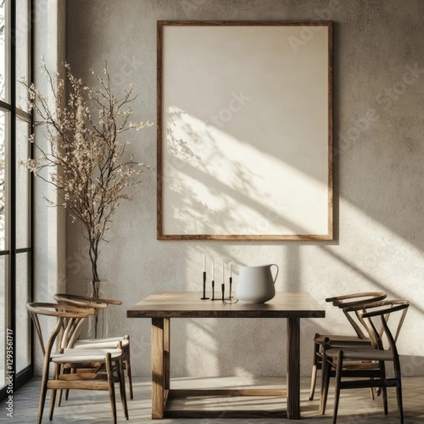 Fototapeta A white framed picture hangs on a wall. The picture is empty. A table with four chairs is in front of the picture. A vase with flowers sits on the table. There are candles on the table as well