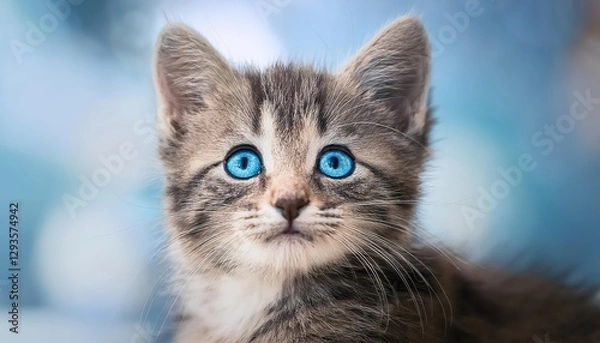 Fototapeta Adorable BlueEyed Gray Tabby Kitten in Portrait, Radiating Joy and Softness with Fluffy Fur, Capturing Playful Vibrance of a Lovely Feline Companion.
