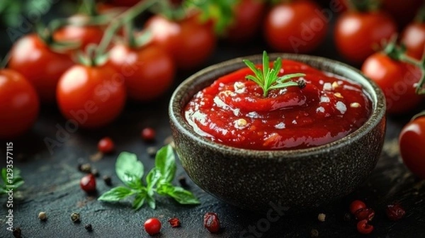 Fototapeta Fresh tomatoes surrounding a serving bowl filled with rich red tomato ketchup on a rustic table in a bright kitchen