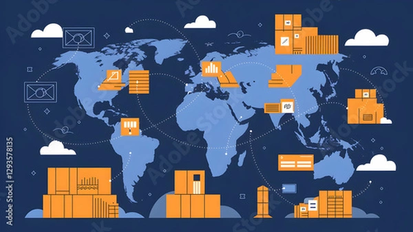 Fototapeta Complex global value chains that span national boundaries and link producers, suppliers, and distributors are a conceptual representation of global supply chains and trade.