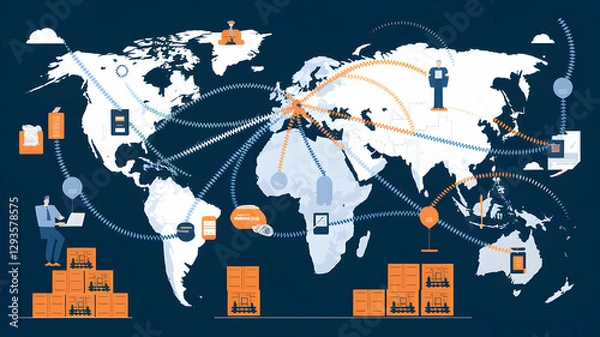 Fototapeta Complex global value chains that span national boundaries and link producers, suppliers, and distributors are a conceptual representation of global supply chains and trade.