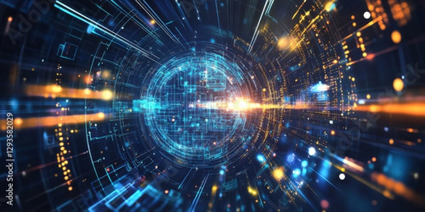 Fototapeta A mesmerizing holographic representation of an AI-driven digital metaverse, displaying glowing cybernetic landscapes, pulsating blockchain transaction grids, and intricate machine learning pathways.