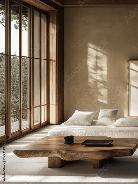 Fototapeta A minimalist interior shows a coffee table and couch