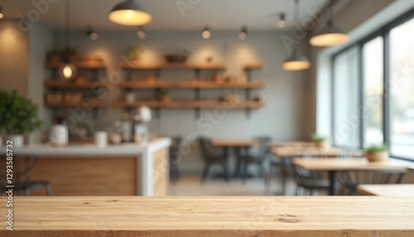 Fototapeta Empty wooden table surface with blurred coffee shop background, plants, lamps. Desk for product display, advertise. Place template, mockups, hot drink, dining. Modern interior with light, texture,