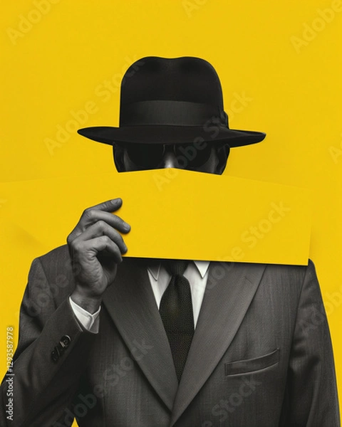Obraz Man with hat and glasses. Black and Yellow Collage of Spy. Spy Concept. Generative AI