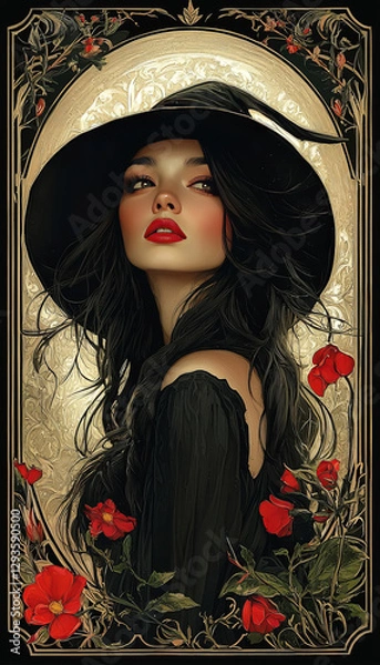 Obraz Illustration of witch in black hat in art deco style. AI generative
