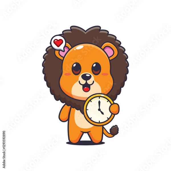 Fototapeta Lion cartoon vector illustration with clock