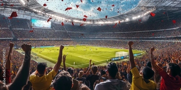 Fototapeta Fans enthusiastically cheering at a soccer stadium.