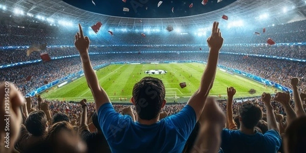 Fototapeta Fans enthusiastically cheering at a soccer stadium.