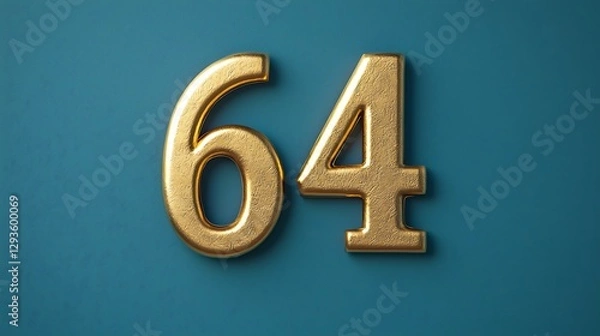 Fototapeta A shiny gold number "64" is displayed on a teal background, emphasizing its vibrant color contrast and modern design.