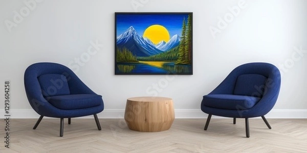 Fototapeta Scenic mountain landscape featuring two cozy chairs overlooking a majestic view of nature and serenity