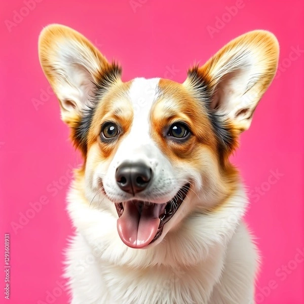 Obraz A corgi dog with white fur, sitting and smiling with its tongue out, in a pink background