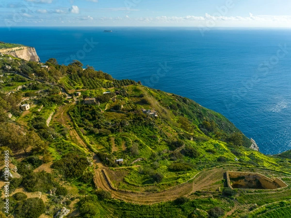 Obraz Drone view of famous Dingli cliffs. Mediterranean sea, blue sky. Malta island