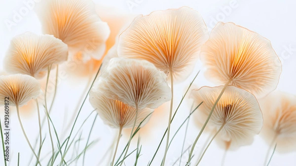 Fototapeta Mushrooms growing on a white background, close-up of mushrooms
