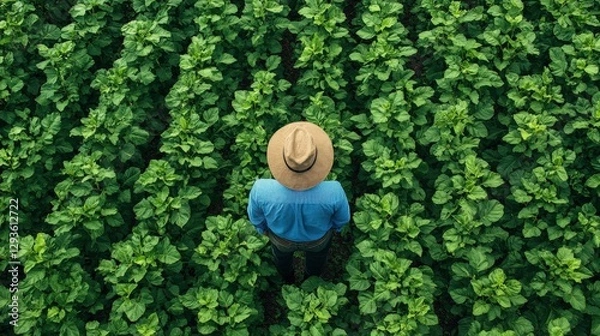 Fototapeta A sunlit field teems with lush greens, rows undulating in vibrant hues. Leaves stretch skyward, hinting at nature’s quiet rhythm in a serene landscape