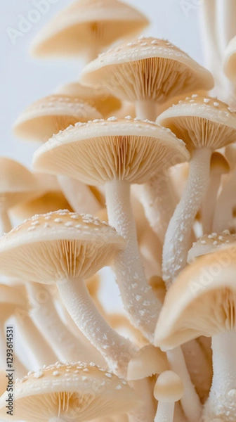 Fototapeta Mushrooms growing on a white background, close-up of mushrooms
