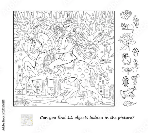 Fototapeta Can you find 12 objects hidden in the picture? Logic puzzle game. Illustration of a prince and princess riding in a fairy tale forest. Brain teaser book. Coloring book. Black and white vector drawing