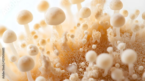 Fototapeta Mushrooms growing on a white background, close-up of mushrooms
