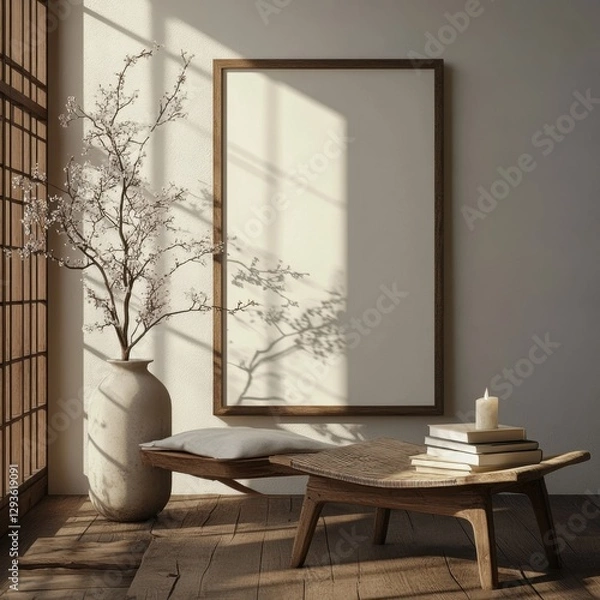 Fototapeta A white framed picture hangs on a wall. A vase with flowers sits on a table. A bench is placed in front of the picture. A candle is lit on the bench. There are several books on the bench
