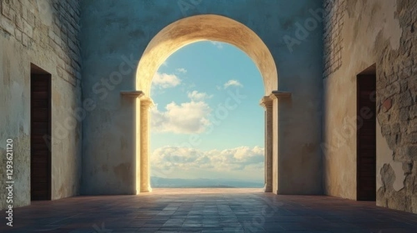 Fototapeta An arched doorway revealing a view of the sky and horizon