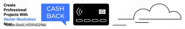 Fototapeta Cashback text bubble, contactless payment card, and cloud symbol representing financial rewards, transactions, savings. Ideal for fintech, cashback apps, payment tech, digital banking e-commerce