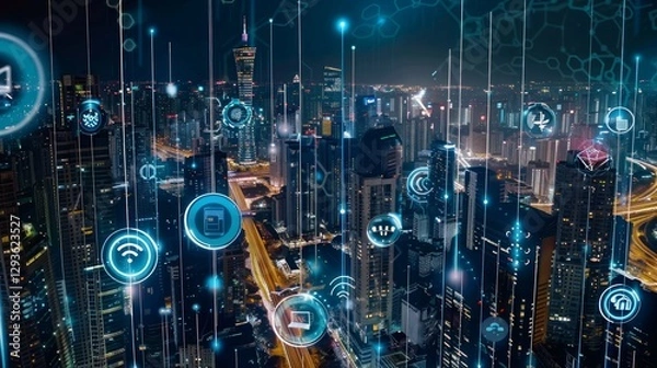 Fototapeta Night cityscape shows network connectivity with digital icons, reflecting a smart, advanced urban environment