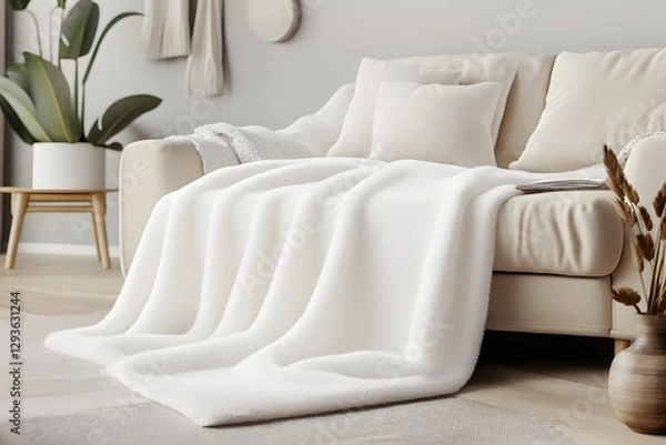 Fototapeta Cozy Living Room Interior: A soft throw blanket drapes over a beige sofa adorned with matching pillows, creating a scene of relaxation.