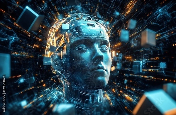 Obraz 3d Artificial Intelligence Holographic AI Face Data Streams Cubic Head Dark Matrix