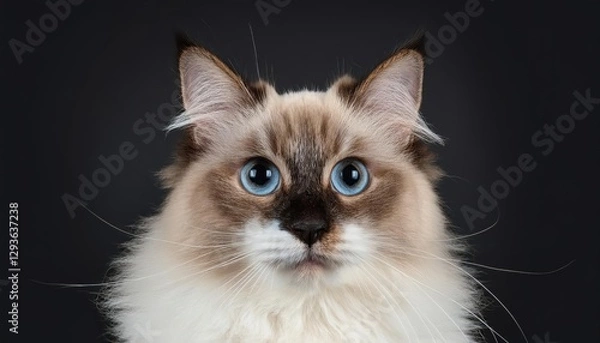 Fototapeta Striking Portrait of a Playful Ragdoll Cat Against a Dark Background, Showcasing Soft Fur Textures and Bright Eyes Sparkling with Curiosity in a Studio Setup.