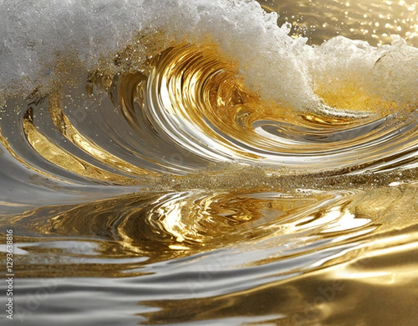 Fototapeta A wave of water with a gold color. The reflection of the gold color is also visible in the water