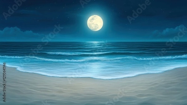 Fototapeta A peaceful beach at night, moonlight reflecting on gentle waves, creating a tranquil and soothing mood