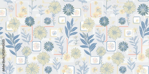 Fototapeta Abstract Handmade repeating pattern of stylized floral and leaf elements in muted blue, yellow, and white tones with small rectangular frames interspersed,
 for gift wrap and wallpaper