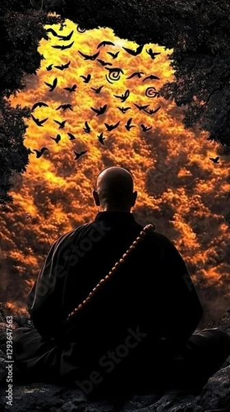 Fototapeta Serene Monk Contemplating at Sunset with Birds in Flight
