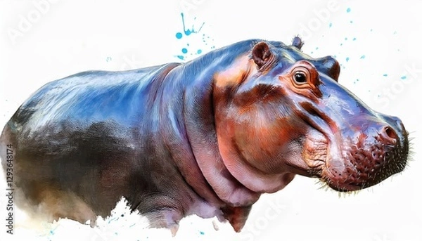 Fototapeta Striking Watercolor Illustration of an Isolated Hippopotamus on a White Background, Capturing the Majestic Mood and Texture of Natures Gentle Giants