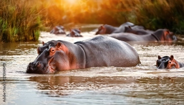 Fototapeta African Sunset Majestic Hippos Gliding Through the Serene Waters of the Masai Mara as the Sky Blazes with Oranges and Reds, a Perfect Symphony of Wildlife and Nature.