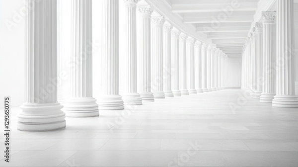 Fototapeta White colonnaded hallway, perspective, architectural interior, use in design projects
