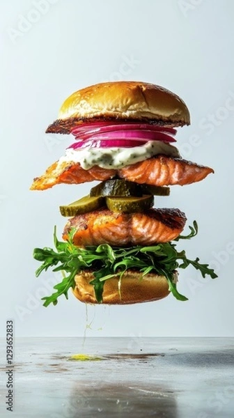 Fototapeta A rustic fish burger featuring a succulent salmon patty, topped with creamy mayonnaise infused with aromatic herbs and complemented by a handful of fresh arugula. A levitating composition 