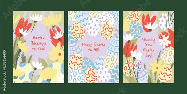 Fototapeta Happy Easter Holiday Covers and Greeting Cards with Spring Flowers, Patterned Eggs, and Handwritten Typography. Modern Minimalist Design in Pastel Colors. Trendy Layout for Web and Print. Vector Illus