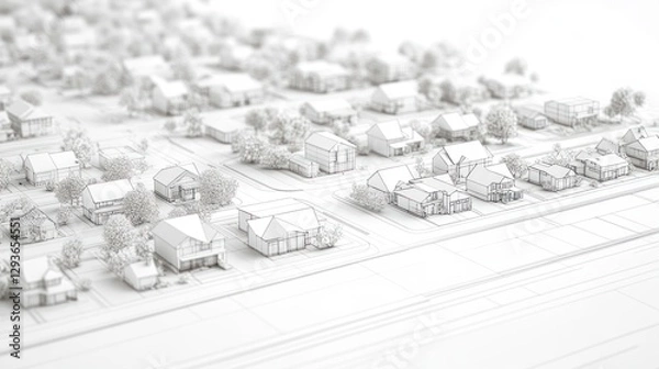 Fototapeta Monochrome suburban streetscape, 3D model, rendering, background