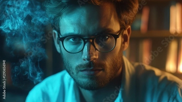 Obraz A bearded man wearing glasses sits in a library, smoking a cigarette, surrounded by books and an atmosphere of contemplation.