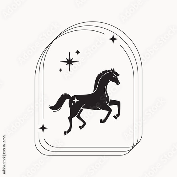 Obraz Galloping horse in vintage thin frame with magic stars and elements. Year of the Horse. Black and white vector illustration