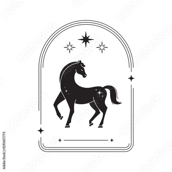 Obraz Standing horse with turned head in vintage thin frame with magic stars and elements. Year of the Horse. Black and white vector illustration