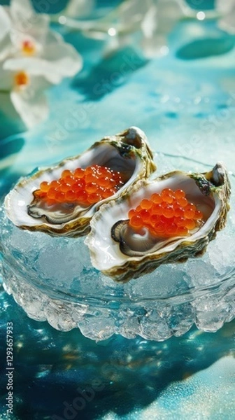Fototapeta Gourmet Oysters A Fusion of Art and Haute Cuisine: A sophisticated arrangement of five fresh oysters, each nestled on a bed of shimmering crushed ice . with caviare.