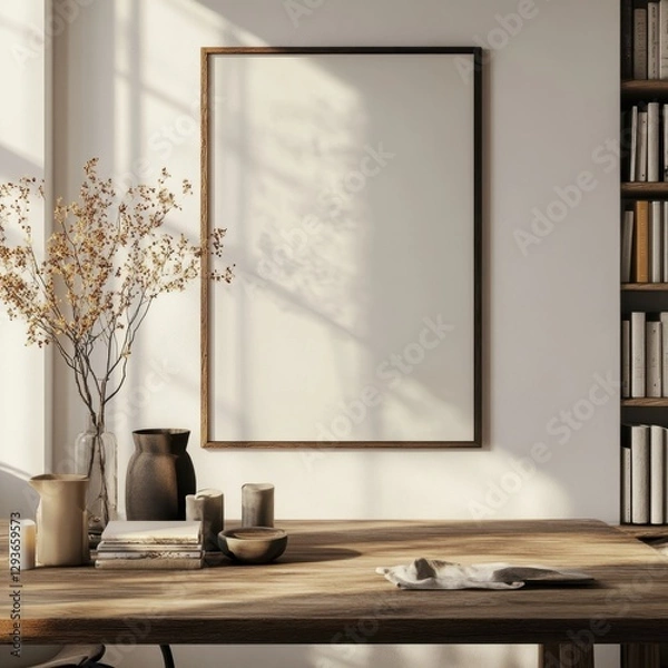 Fototapeta A white framed picture hangs on a wall. The picture is empty. A vase with flowers sits on a table. A bookcase is behind the table