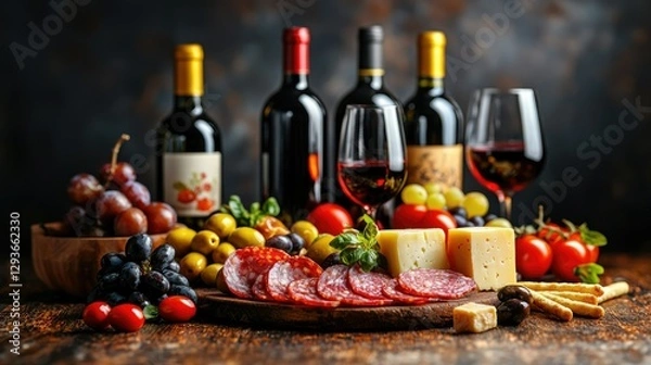 Fototapeta Wine bottles and food arranged on a wooden table for display