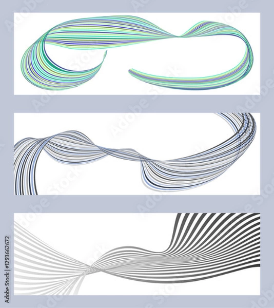 Fototapeta Wavy lines or ribbons. Set of 3 backgrounds. Multicolored striped gradient. Creative unusual background with abstract gradient wave lines to create a trendy banner, poster. vector eps