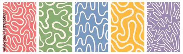Fototapeta Twisted lines, fluid, curved, wiggling stripes, waves vector backgrounds set. Liquid, funky chaotic ornaments, groovy retro patterns collection. Doodle, uneven hand drawn wavy, organic winding line