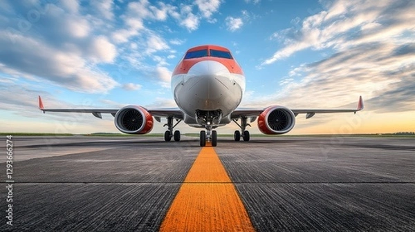 Fototapeta Aerial view of a large commercial airplane parked on a runway, showcasing its sleek design and expansive wingspan against the tarmac background.