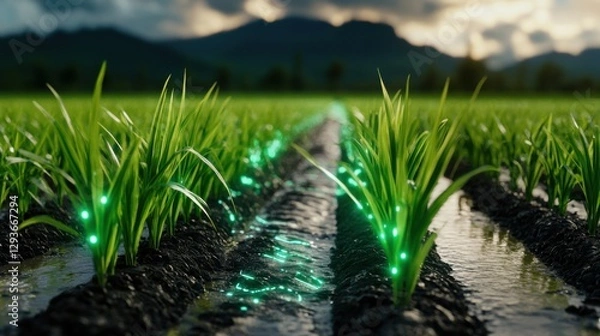 Fototapeta Futuristic rice farming with AI-powered monitoring, glowing holographic agricultural data, cyber agriculture